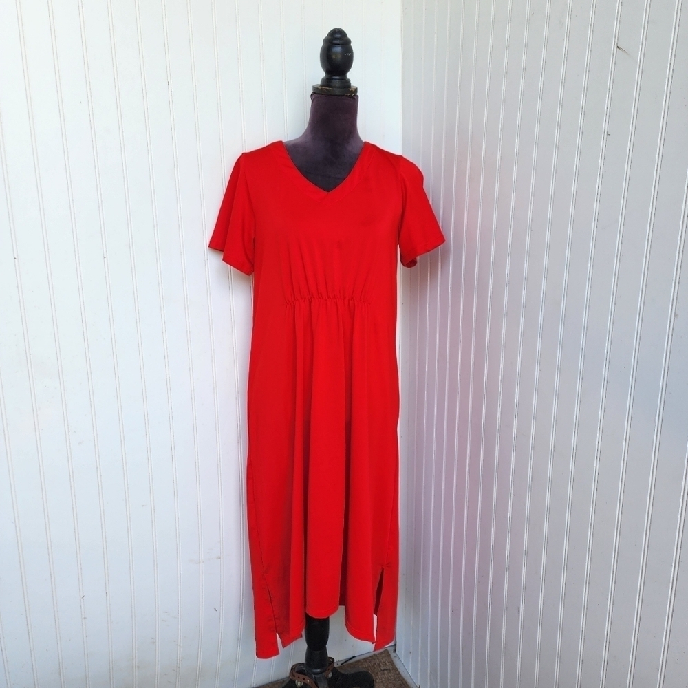 Cuddl Duds Womens Red Stretch Rutched Detail Midi Dress Short Sleeve Sz S